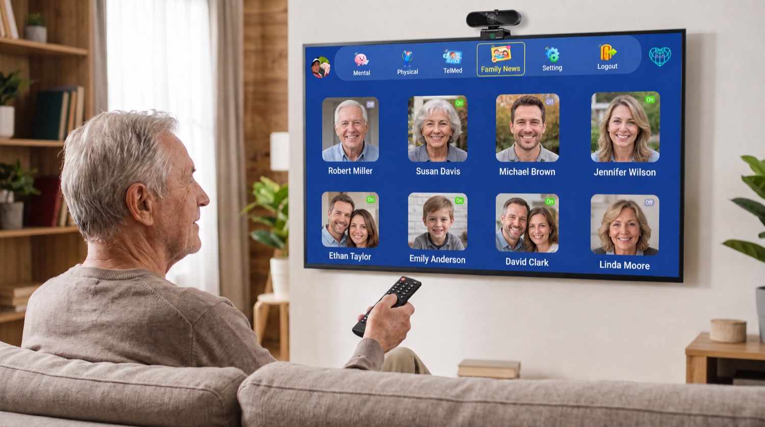 The simple Alice home screen with big buttons and family faces